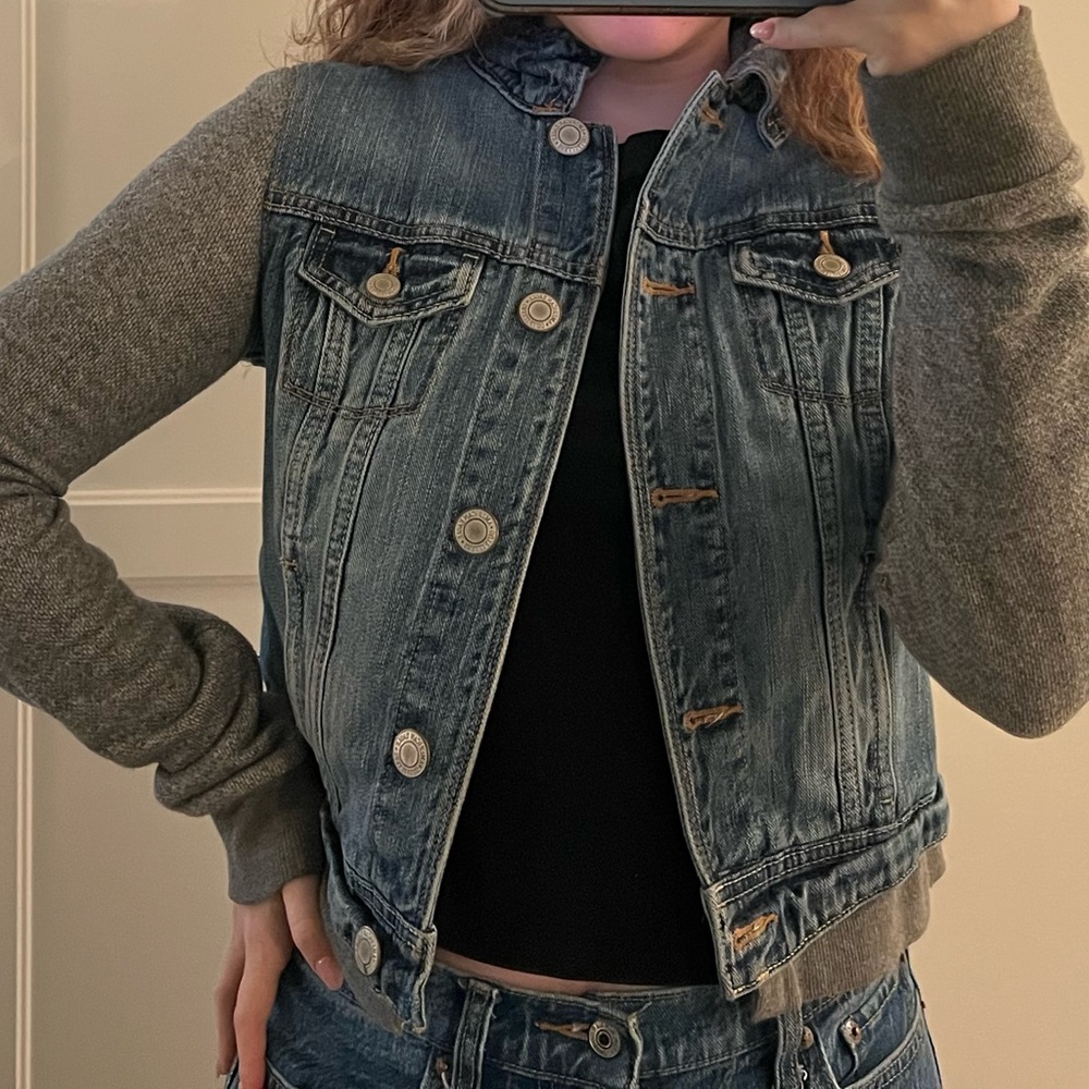 American Eagle Outfitters Blue Denim Jacket with Gray Knit Sleeves